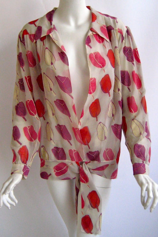 hand painted chiffon 
hand stitched detail
closes at the waist with 2 snaps 
no other closures