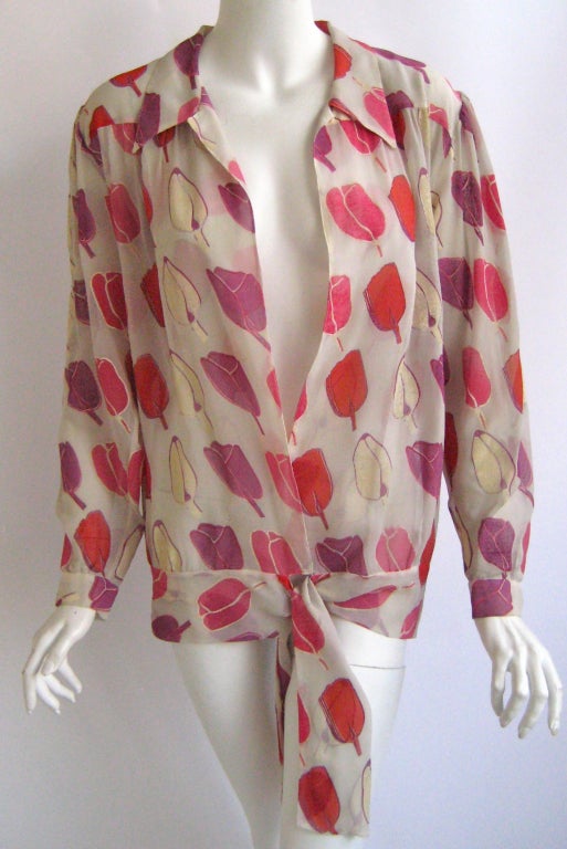 1970S Thea Porter Couture Hand Painted Chiffon Tulip Blouse In Excellent Condition For Sale In Chicago, IL