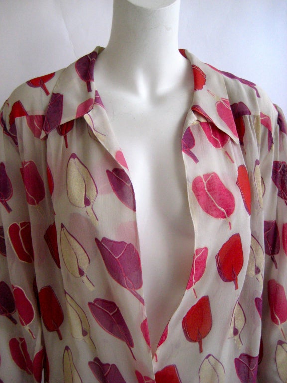 Women's 1970S Thea Porter Couture Hand Painted Chiffon Tulip Blouse For Sale