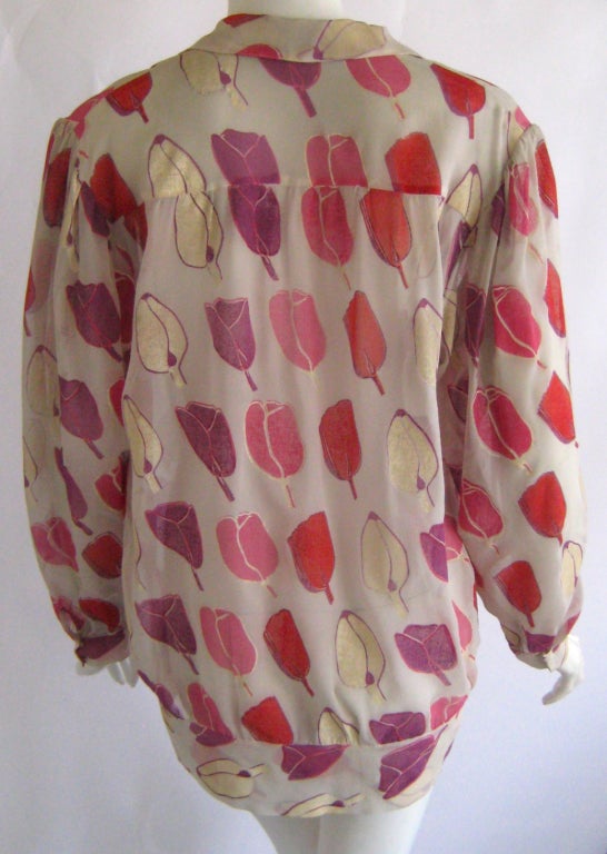 1970S Thea Porter Couture Hand Painted Chiffon Tulip Blouse For Sale 3