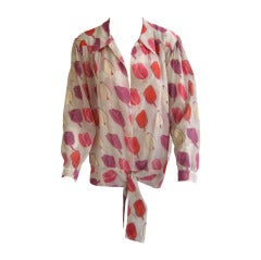 1970S Thea Porter Couture Hand Painted Chiffon Tulip Blouse