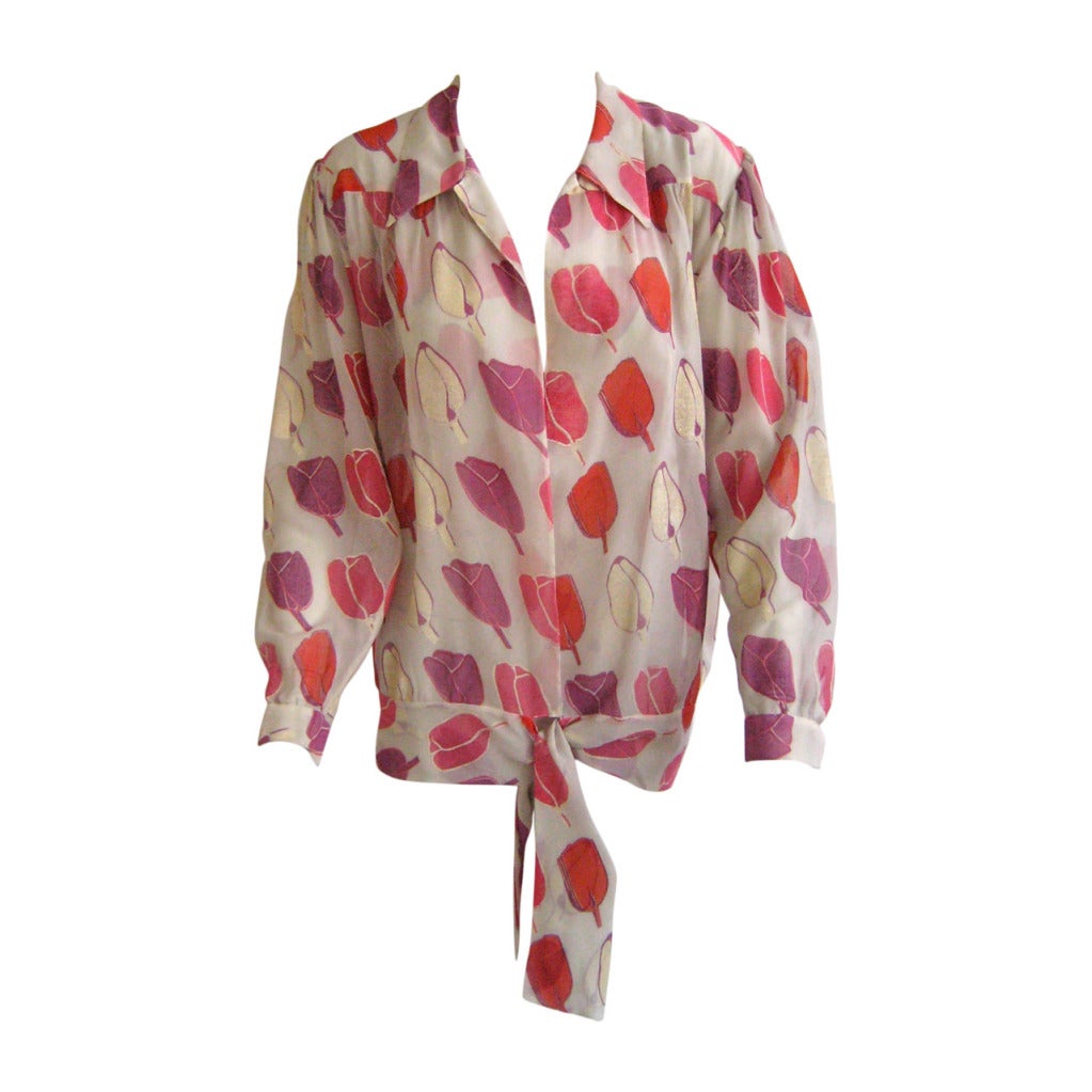 1970S Thea Porter Couture Hand Painted Chiffon Tulip Blouse For Sale
