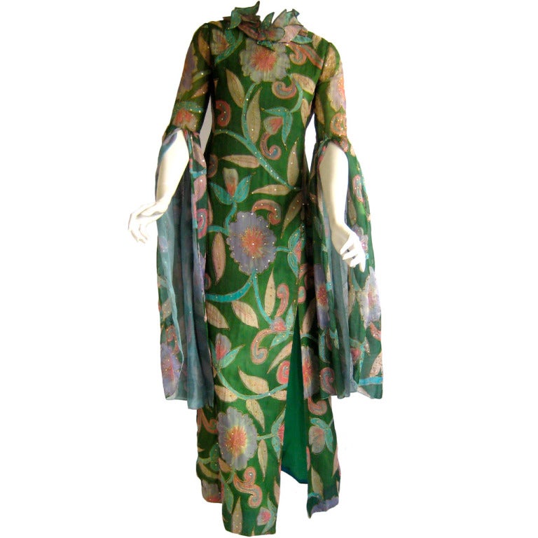 1960's Tina Leser Hand Painted Silk Sequin Dress at 1stDibs