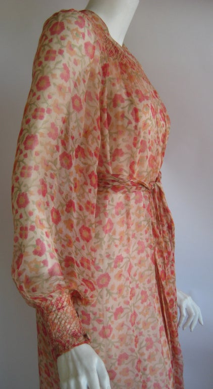 1960S Treacy Lowe Pale Pink Silk Chiffon Smocked Floral Peasant Dress In Excellent Condition For Sale In Chicago, IL