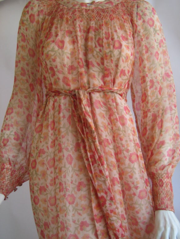 Women's 1960S Treacy Lowe Pale Pink Silk Chiffon Smocked Floral Peasant Dress For Sale