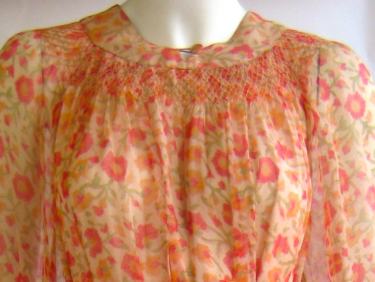 1960S Treacy Lowe Pale Pink Silk Chiffon Smocked Floral Peasant Dress For Sale 1