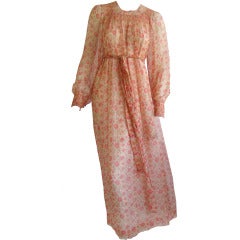 1960S Treacy Lowe Pale Pink Silk Chiffon Smocked Floral Peasant Dress