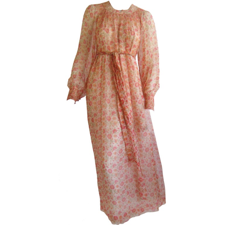 1960S Treacy Lowe Pale Pink Silk Chiffon Smocked Floral Peasant Dress For Sale