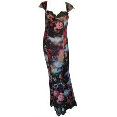 Vintage 1990S Maria Borsato Silk Charmeuse Floral Dress Trimmed In Black Silk Lace