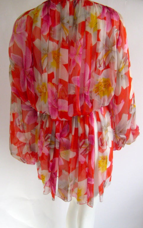 1980s Galanos Floral Silk Chiffon Tunic Blouse In Excellent Condition For Sale In Chicago, IL