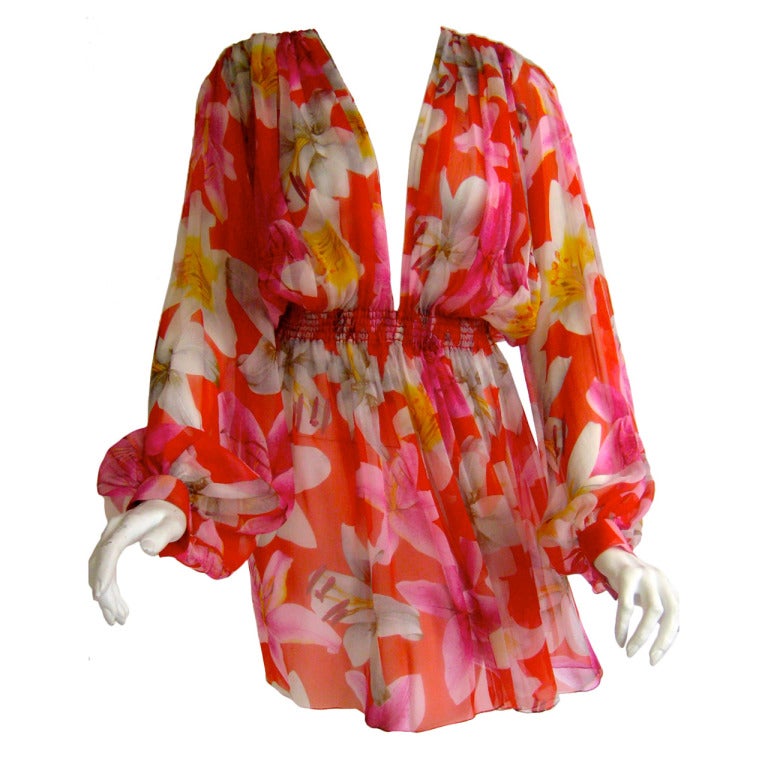 1980s Galanos Floral Silk Chiffon Tunic Blouse For Sale