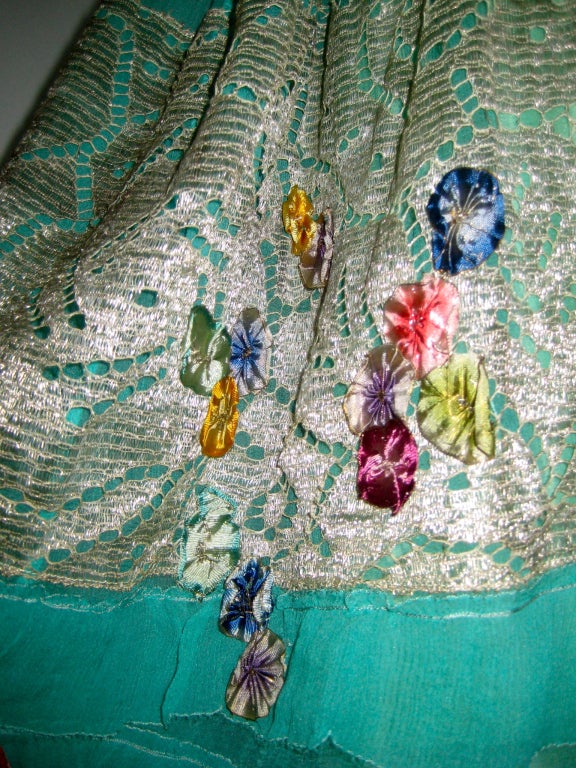 1920s silk chiffon gold lame lace ribbon rosette dress For Sale 4