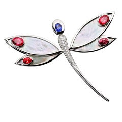 Renesim Mother-of-Pearl Red and Blue Sapphire Dragonfly Pendant