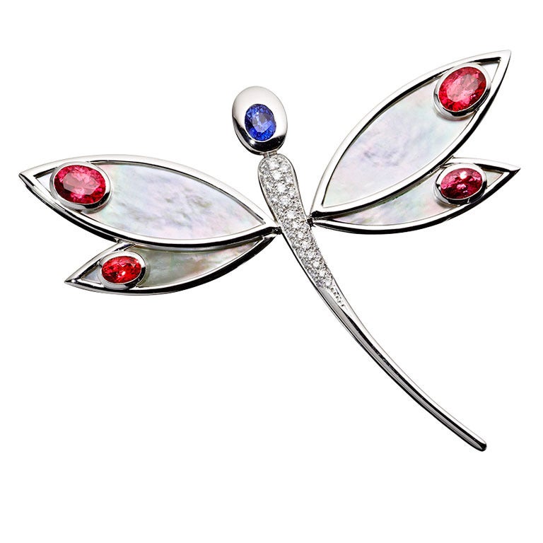 Renesim Mother-of-Pearl Red and Blue Sapphire Dragonfly Pendant For Sale
