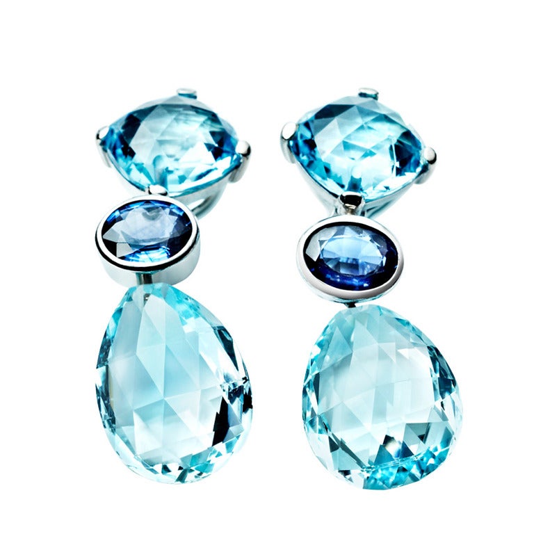 RENESIM Platinum Earrings with Topaz and Sapphires For Sale