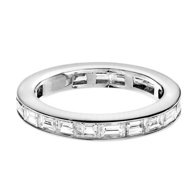 RENESIM Memory Ring with emerald cut diamonds in a classic tunnel setting For Sale
