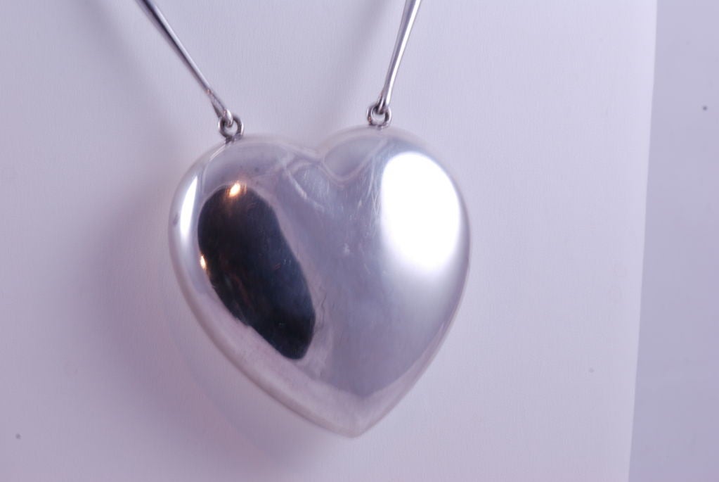Large sterling silver Georg Jensen large puffy heart on sterling silver long link chain made in Denmark. Signed on rear. Heart measures about 2.5