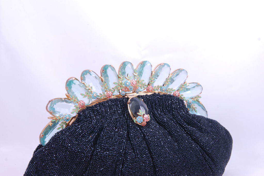 Magnificent Josef black beaded evening bag from the 1950's with jeweled and enamel frame. The frame of this bag is composed of large stones, the color of aquamarines. Each stone is faceted and measures approx. 1.23