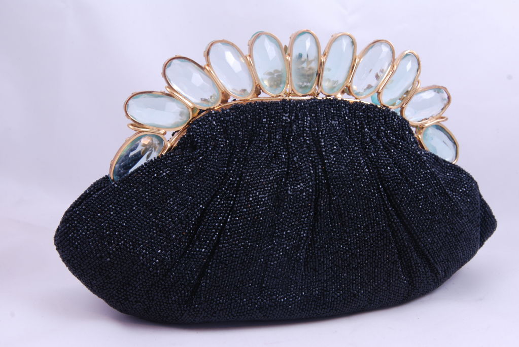 Women's 1950's Black Beaded Evening Bag with Jeweled and Enamel Frame