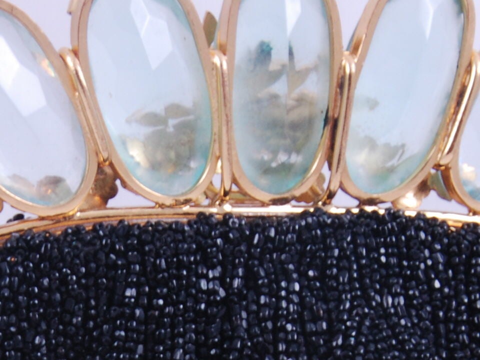 1950's Black Beaded Evening Bag with Jeweled and Enamel Frame 2