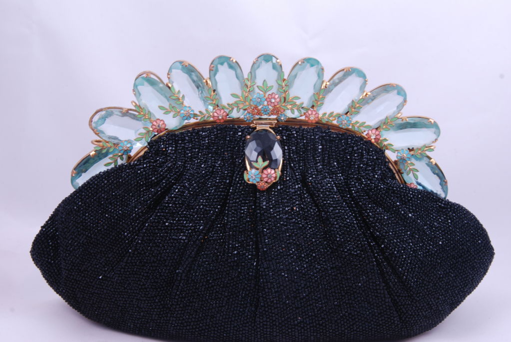 1950's Black Beaded Evening Bag with Jeweled and Enamel Frame 3