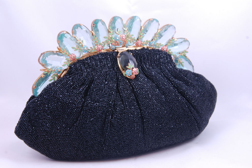 1950's Black Beaded Evening Bag with Jeweled and Enamel Frame 7