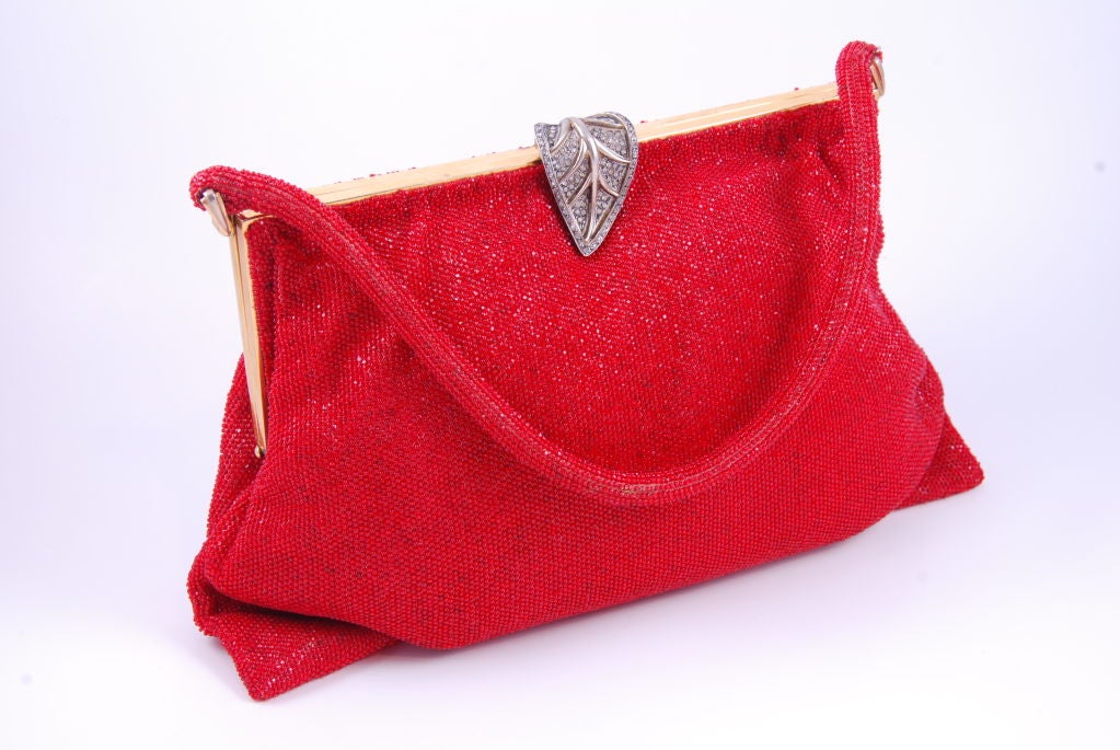 Morabito Red Beaded Evening Bag with Silver/Rhinestone Clasp