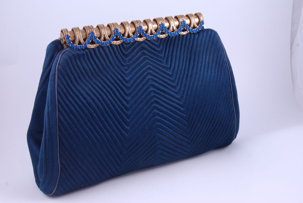 French Art Deco Blue Satin Evening Bag 5
