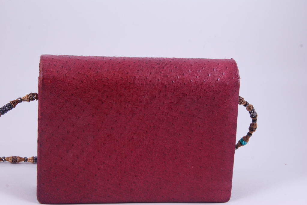 Vintage Raspberry Ostrich Jeweled Evening Bag For Sale 2