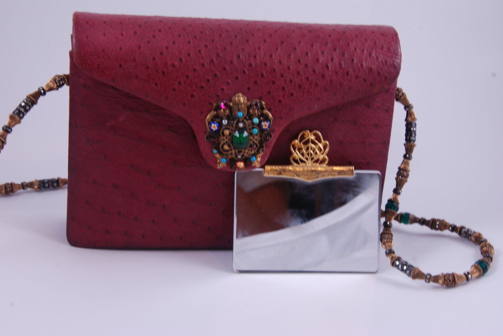 Vintage Raspberry Ostrich Jeweled Evening Bag For Sale 4