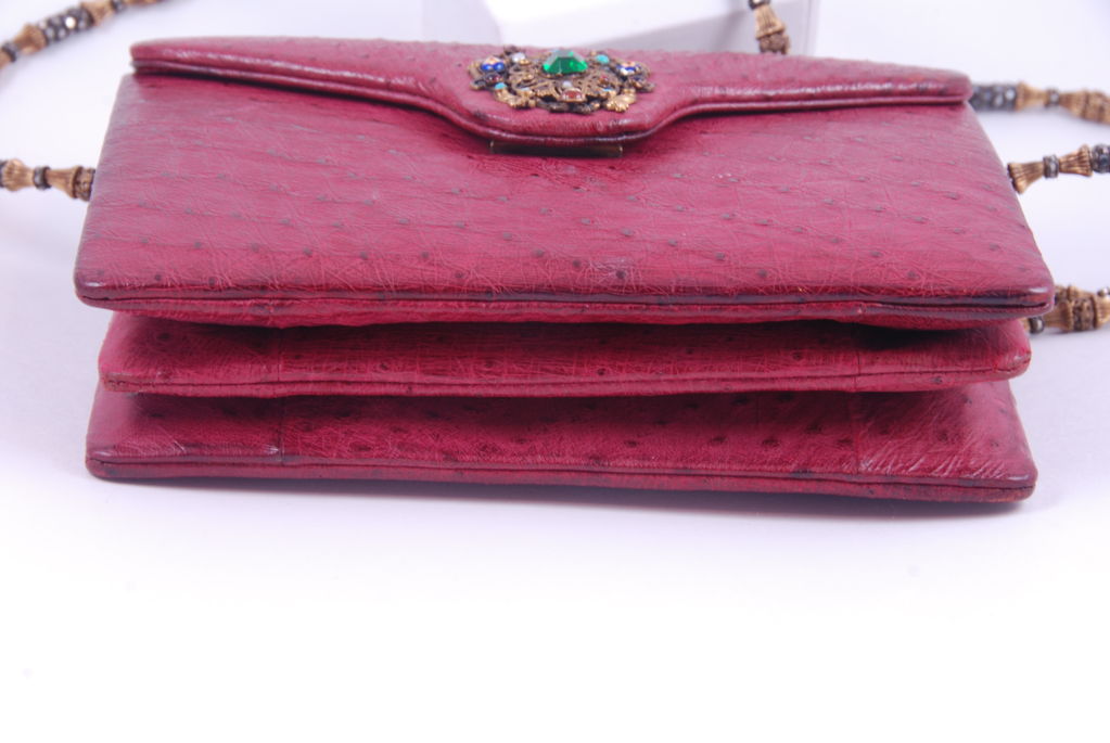 Vintage Raspberry Ostrich Jeweled Evening Bag For Sale 6