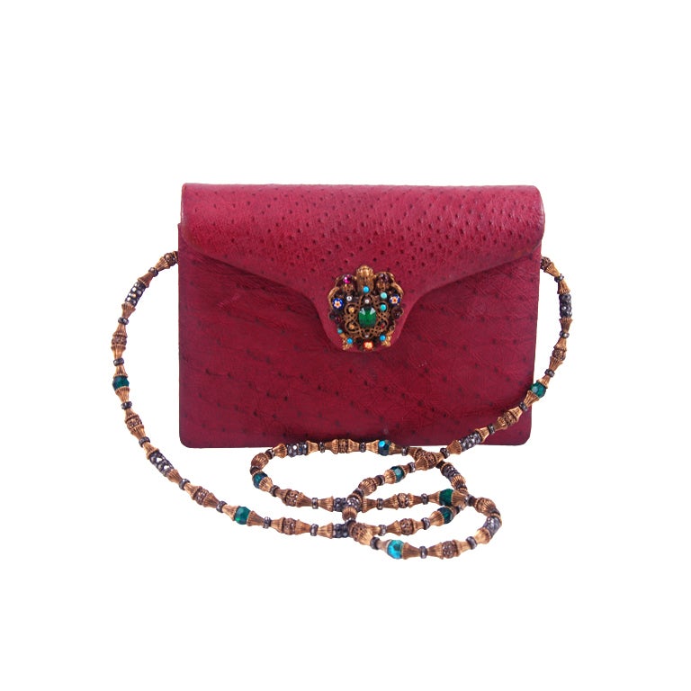 Vintage Raspberry Ostrich Jeweled Evening Bag For Sale