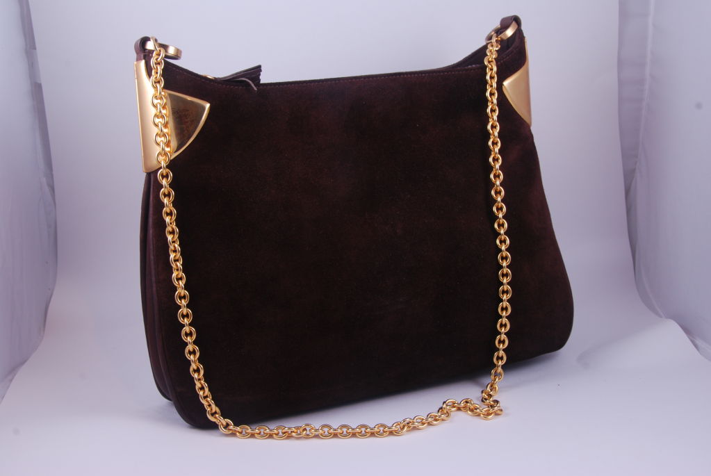 Bark brown suede Gucci shoulder bag with gold link chain from the early 1970's. Chain drop to the top of purse is 15
