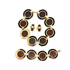 Rare 1970 Christian Dior Wood & Gold Demi-Parure