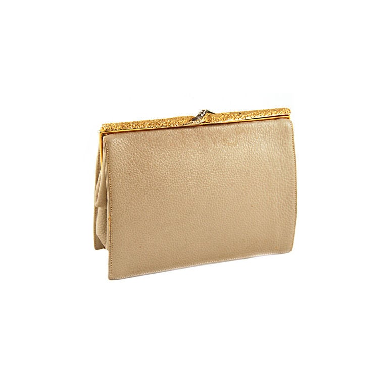 1980's Khaki Leather Clutch with Vintage Frame For Sale