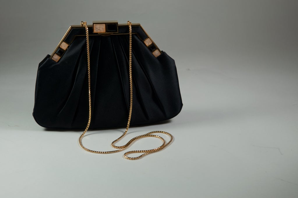 Women's 1980\'s Judith Leiber Black Satin Bag with Onyx & Rose Quartz For Sale