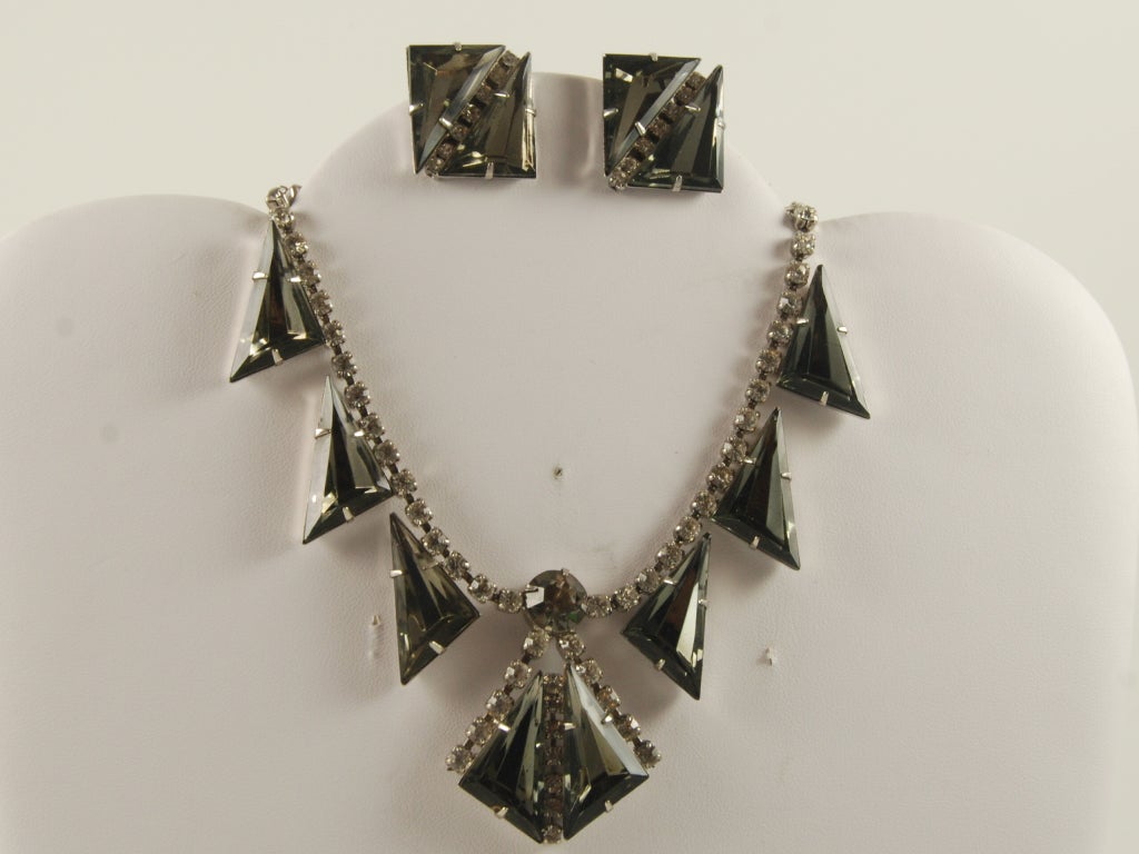 Large grey rhinestone deco inspired necklace and earring set. Ear clips measure 1