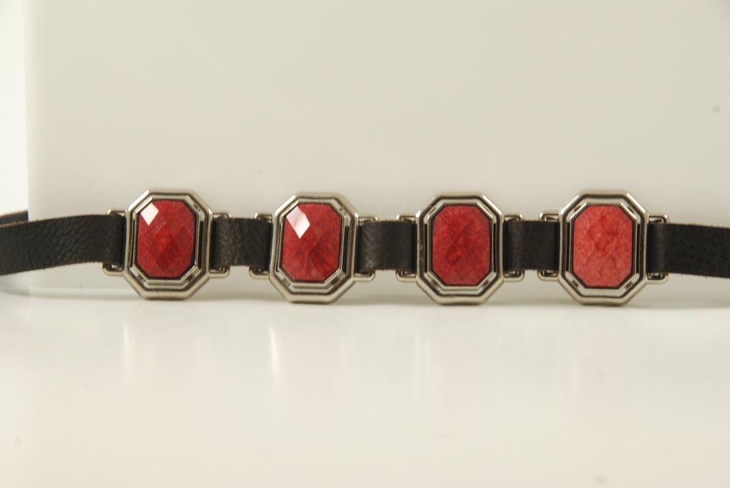 Alberta Ferretti brown leather belt with four faceted large stones. Each stone measures about 1.25