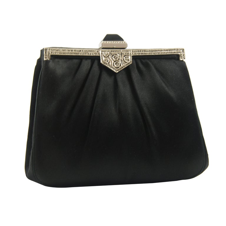 Judith Leiber Black Satin Evening Bag with Antique Style Frame For Sale