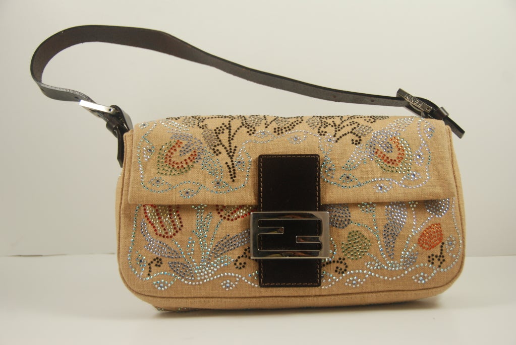 Fendi Linen & Rhinestone Baguette Bag