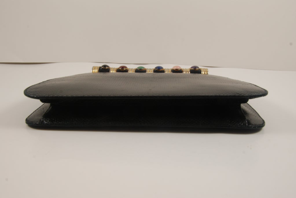 Women's 1980's Leiber Black Karung Clutch/Semi Precious Stones For Sale