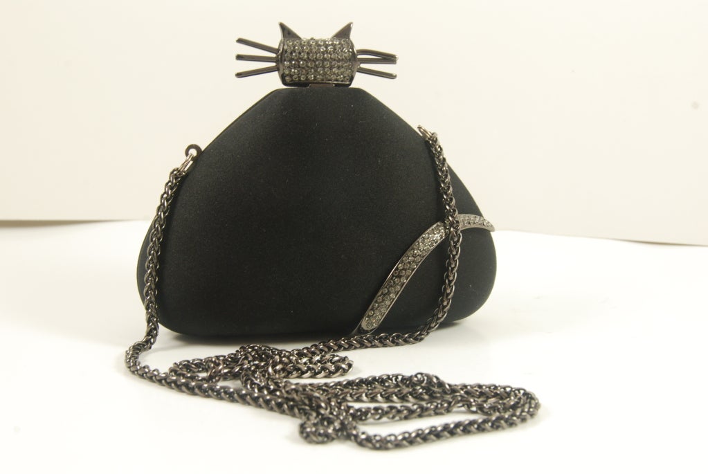 Women's Rodo Black Satin Figural Cat Evening Bag