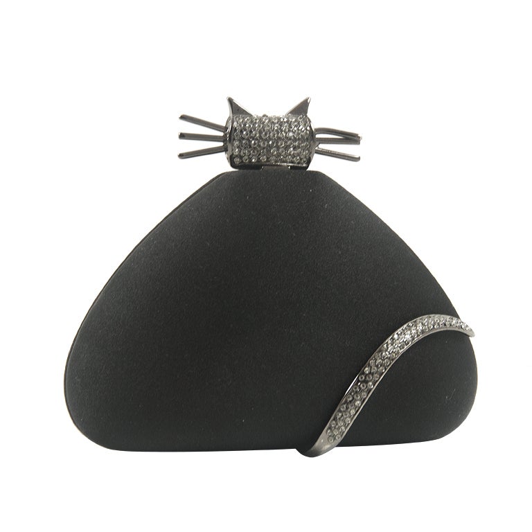 Rodo Black Satin Figural Cat Evening Bag