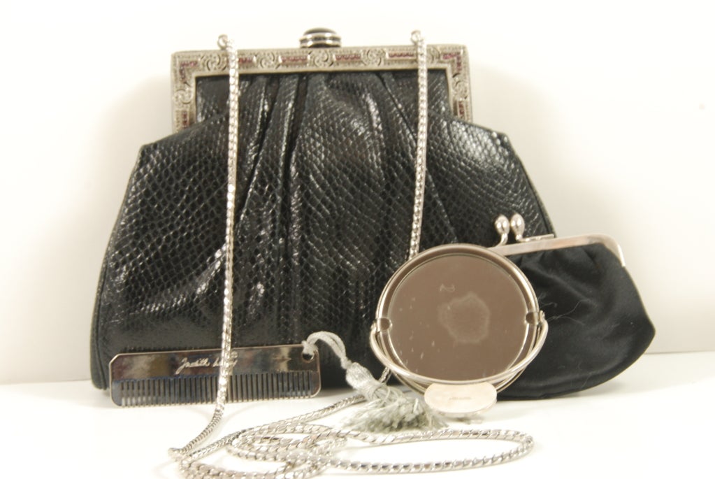 1980's Judith Leiber Black Karung Bag with Deco Style Frame 2