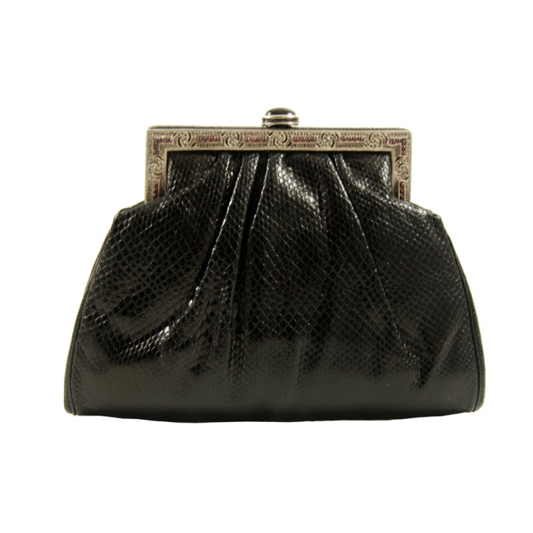 1980's Judith Leiber Black Karung Bag with Deco Style Frame