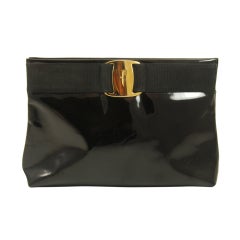 Retro Black Patent Leather Ferragamo Clutch/Shoulder Bag
