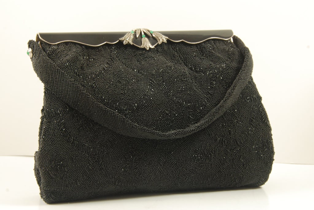 Vintage French Black Beaded Evening Bag/Enamel Marcasite Frame 1