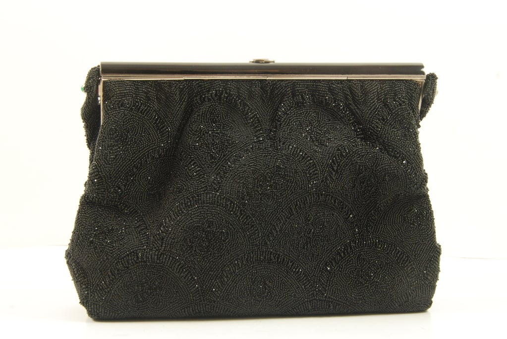 Vintage French Black Beaded Evening Bag/Enamel Marcasite Frame 2