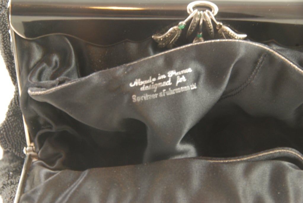 Vintage French Black Beaded Evening Bag/Enamel Marcasite Frame 5