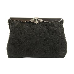 Vintage French Black Beaded Evening Bag/Enamel Marcasite Frame